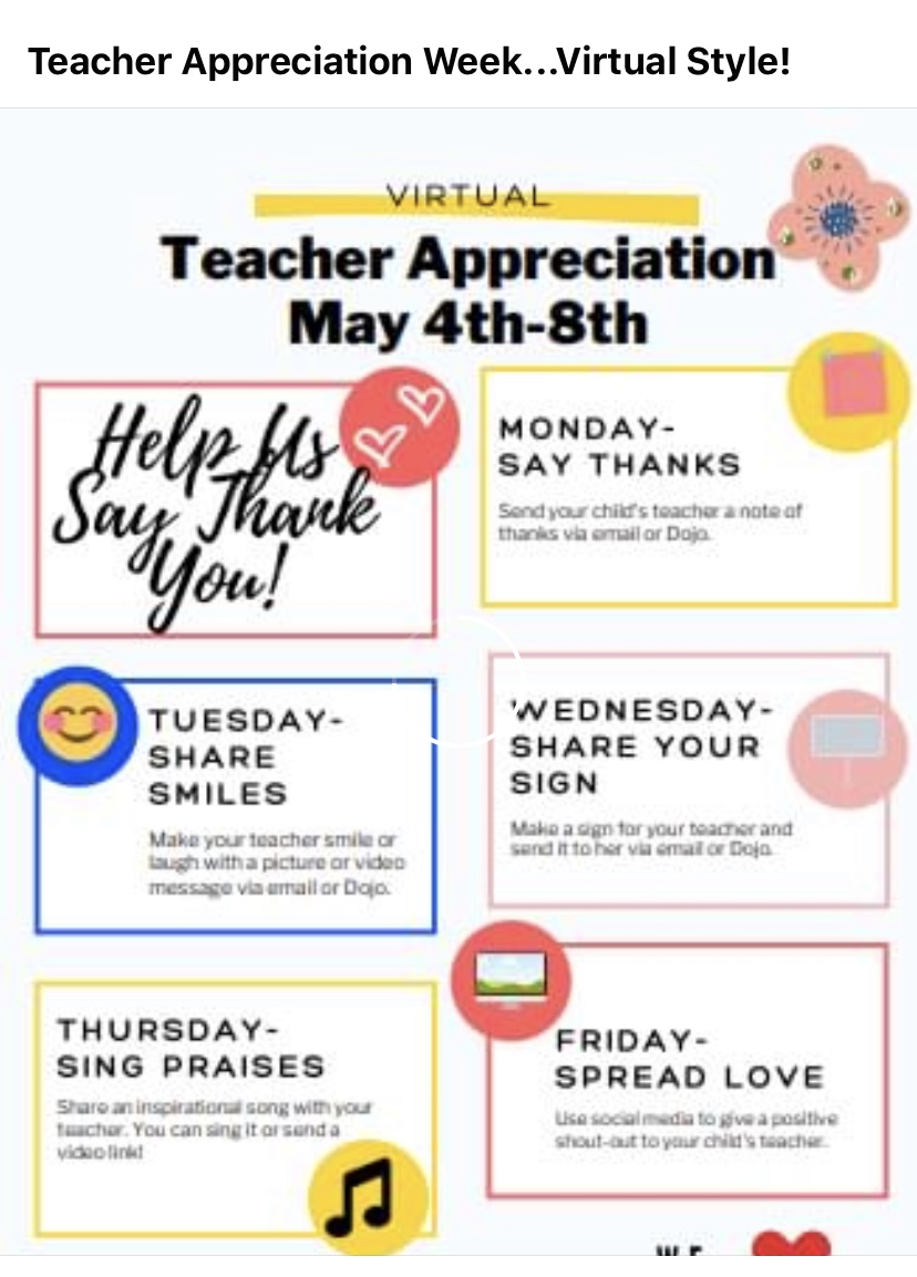 Teacher Appreciation Week starts today!!! Let your child's teacher know how very much you appreciate them!! Here's a list to follow along this week social distancing style!!