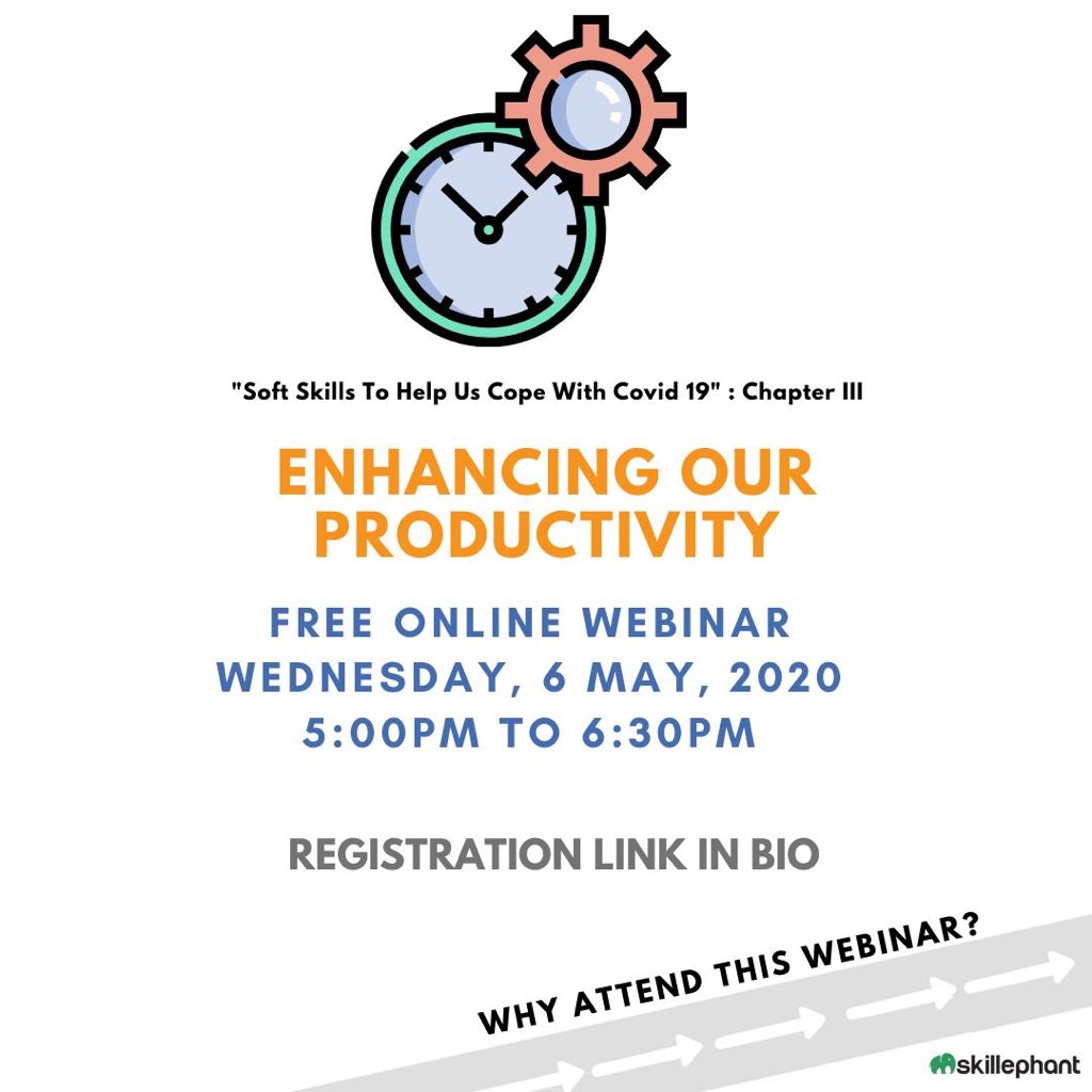 SkillephantTips's tweet photo. We're helping you cope with Covid-19 with a FREE 3-part webinar series.
Part 3 - Enhancing our Productivity
Register: https://t.co/QUtjeKhKaZ
#Webinar #OnlineWebinar #FreeWorkshop #FreeOnlineCourse #Covid19 #CoronaVirus #LearnDuringLockdown #Learning #Quarantine #SocialDistancing https://t.co/vpSMQdyGgs