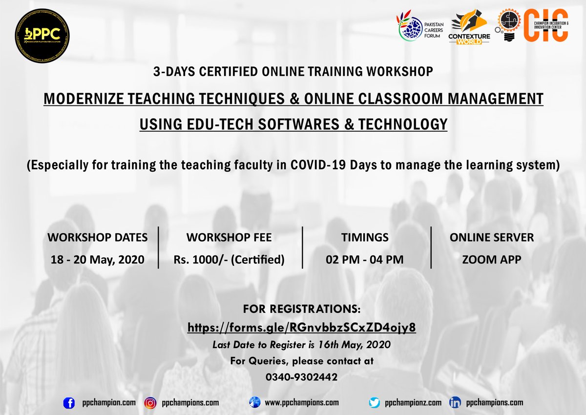 proedconsulting's tweet photo. 3-Days Modernize Teaching Workshop (Phase-01) Update:
The last day to apply for the workshop is 16th May, 2020.
Register Now at:
https://t.co/QOGIbMFFpN
Visit our website: https://t.co/5R4YaSxilL
#PPC #ppchampions #TeachingMethodologies #EduTech #OnlineLearning #COVID19 #LMS https://t.co/ypZa7pvjXR