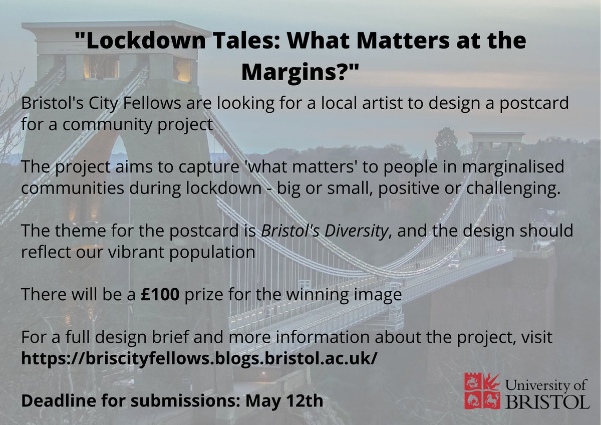 BrisCityFellows's tweet image. Local #Artists and #Creatives - we need you! £100 prize available for the winning postcard design for a community project in response to #COVIDー19. Find out more: briscityfellows.blogs.bristol.ac.uk

Please share and retweet!