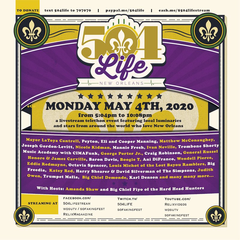 TONIGHT at 5:04 PM CT we will be streaming <a href="/504LIFEstream/">504LIFEstream</a> on Facebook. It will feature local artists like <a href="/boogietmusic/">Boogie T</a>, George Porter Jr., <a href="/bigfreedia/">Big Freedia 💋</a> &amp; more!

Funds raised during the stream will supply PPE to NOLA frontline healthcare workers in the fight against COVID-19 🙌🏻