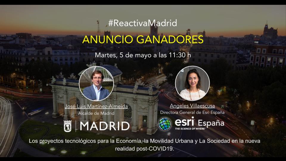 ¡Solo queda un día para conocer a los ganadores de #ReactivaMadrid! 📢 🗓️Mañana, martes 5 de mayo a las 11:30 h @AlmeidaPP_, Alcalde de @MADRID y Ángeles Villaescusa, Directora General de @Esri_Spain, darán a conocer los 3 proyectos ganadores de #ReactivaMadrid👏👏👏