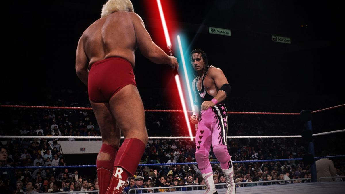 Historyof90s's tweet photo. Happy #MayThe4thBeWithYou 90’s addition.

@RicFlairNatrBoy vs @BretHart 

Who is the Jedi?
Who is the sith? https://t.co/4zIc2Kn1AS