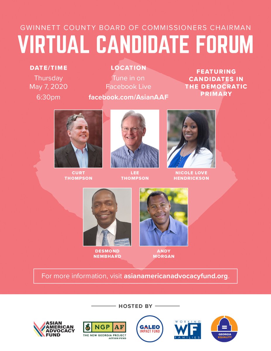 ngpaction's tweet photo. Join us May 7th at 6:30pm for an upcoming virtual forum on https://t.co/fhuf1jlrkT. Meet the candidates for Gwinnett County Board of Commissioners Chair and hear from them first hand on what their vision is for Gwinnett.
#ngpaf #ngpaction #asianaaf #GeorgiaElections #gapol https://t.co/WLCb4XSExL
