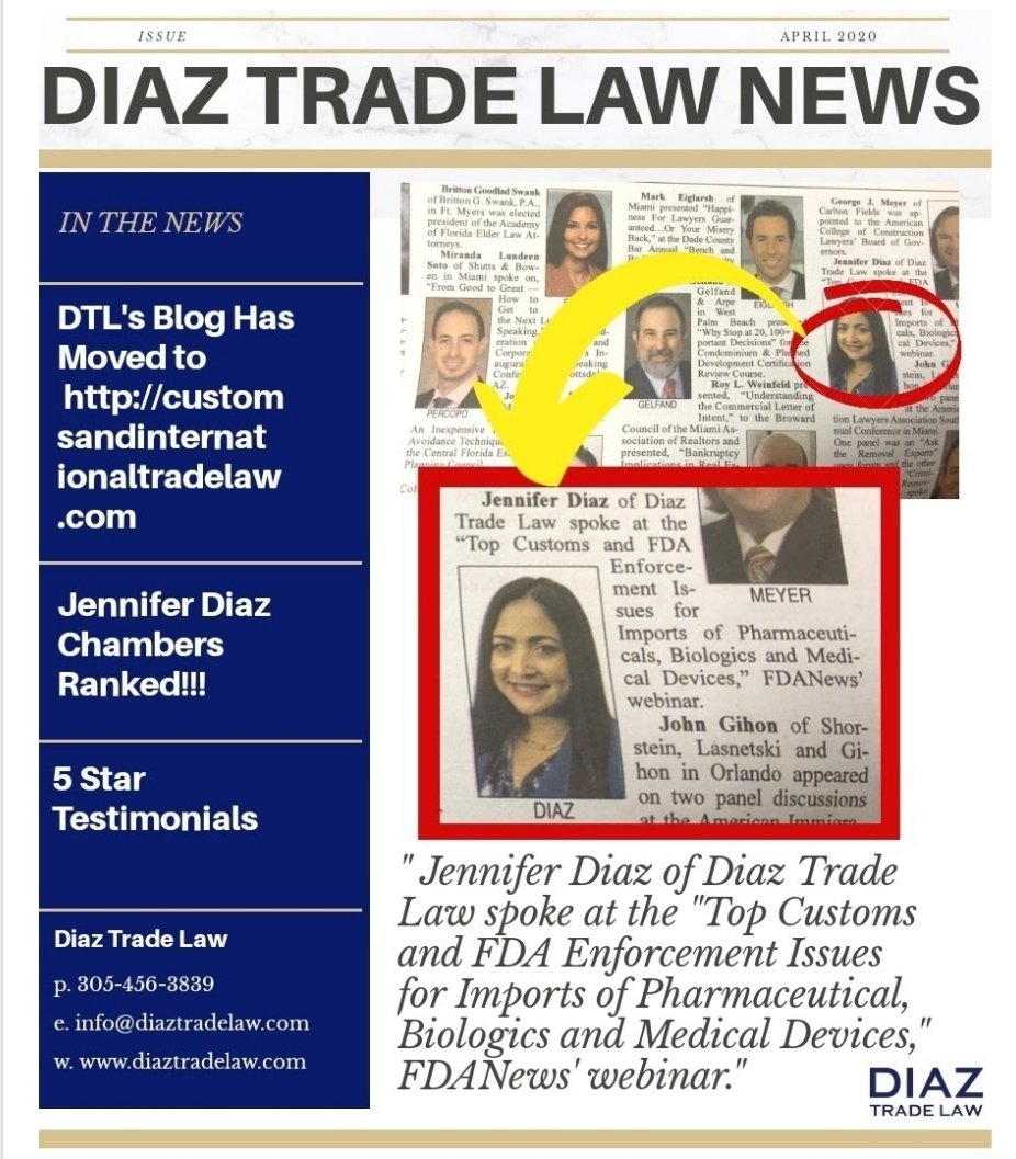 DiazTradeLaw's tweet photo. 🎉Proud to see Jennifer Diaz of DTL highlighted for her FDA News webinar ‘Top Customs and FDA Enforcement Issues for Imports of Pharmaceutical, Biologics and Medical Devices!' Learn more at https://t.co/y5nYH6TO98.
#ChambersRanked #Pharmaceutical
@CBPAttorneyJen @DeniseCalle https://t.co/GNzQSOI5db