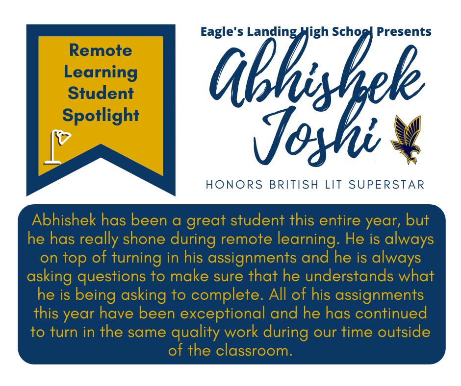 ELHS_HCS's tweet image. Consistency is key for Abhishek Joshi, our next SENIOR Remote Learning Student Spotlight! Referred by Ms. Edwards, Abhishek is an Honors British Lit. Superstar! @DrKeshaJones1 @KindraTukes @drwilliams08 #ELHSRemoteLearningSpotlight #RemoteLearninginHenry  #studentsintherace