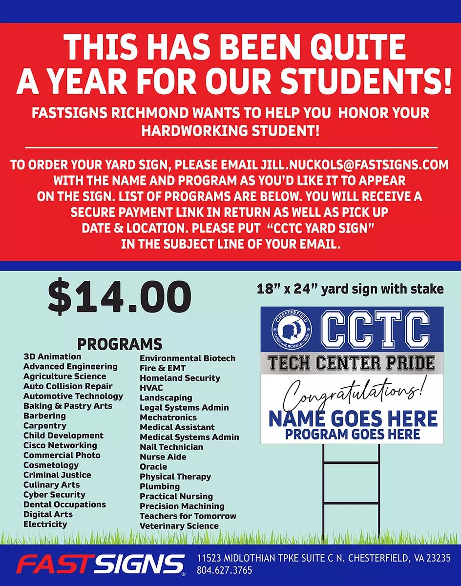 ccpstechcenter's tweet photo. Tech Center staff and students, show off your #TechCenterPride with one of these beauties! 🤩 Just $14 to proudly represent your Tech program with a custom sign for your yard or window. Congrats on your accomplishments! 🥳 We can't wait to see pix of your signs! 📸 https://t.co/92c6W7CejK