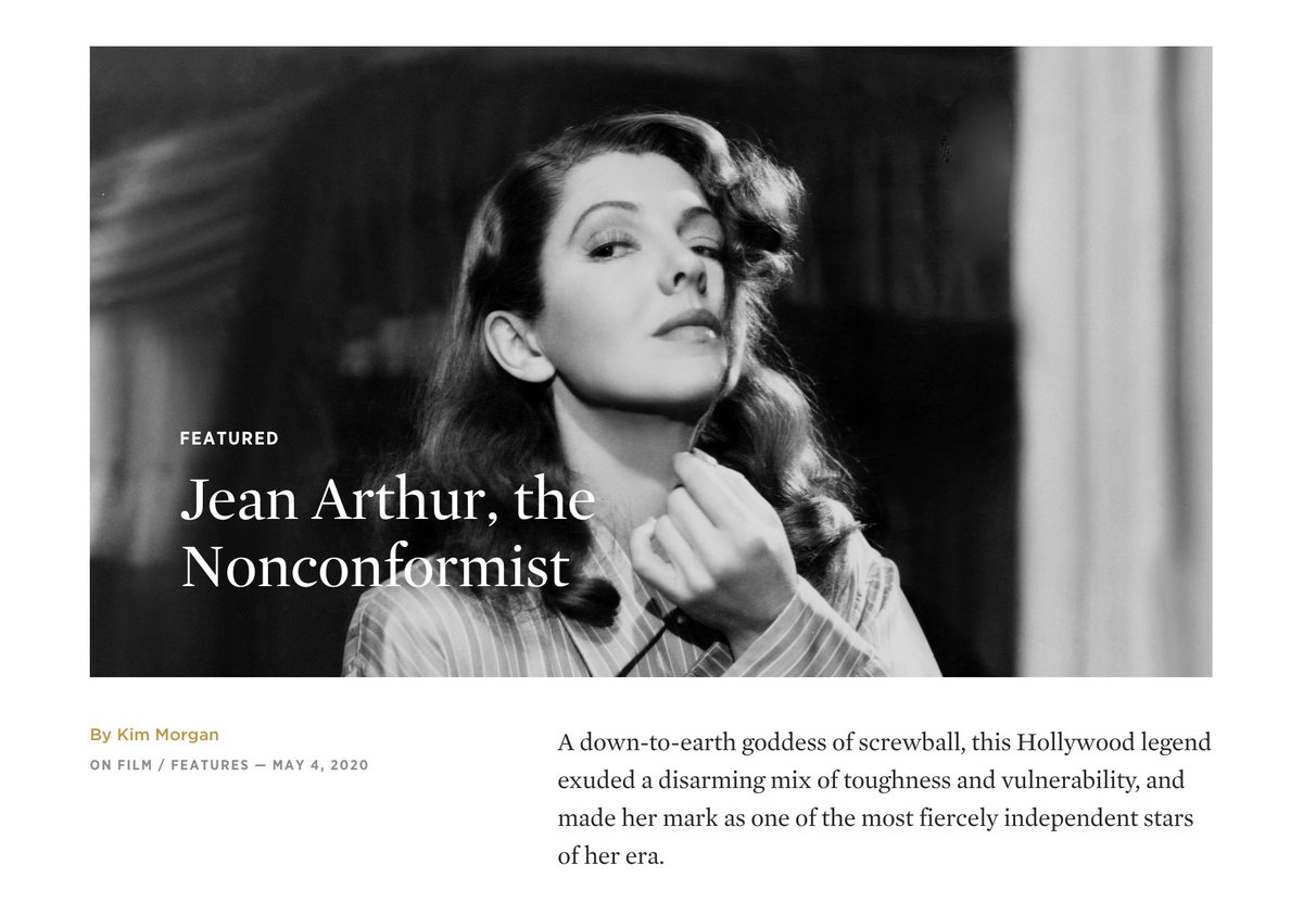 SunsetGunShot's tweet image. Up now! My @Criterion essay on one of my favorite actresses - charming, complex, funny, serious &amp;amp; seriously smart Jean Arthur - for the @criterionchannl Jean Arthur series currently playing. Read it here: criterion.com/current/posts/…
