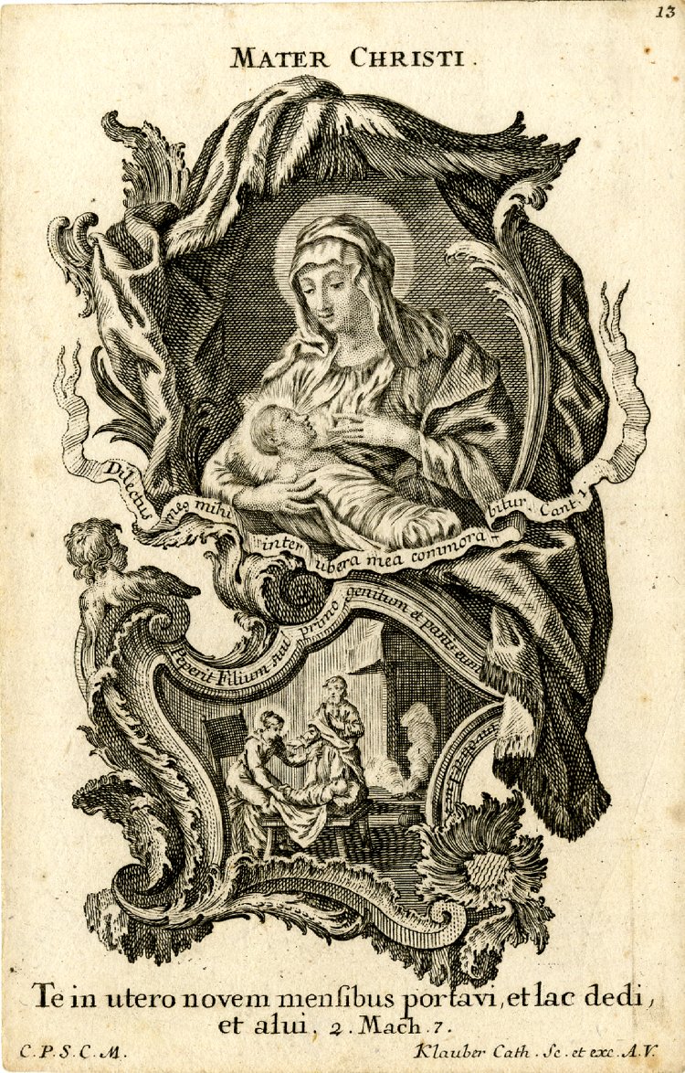 Mater Christi, ora pro nobis.Mother of Christ, pray for us.The Latin inscriptions read:Jesus is the beloved who rests in Mary’s bosom (cf Canticles 1:3). “I carried you in my womb for nine months, nursed you, brought up, educated and supported you” (2 Maccabees 7:27)