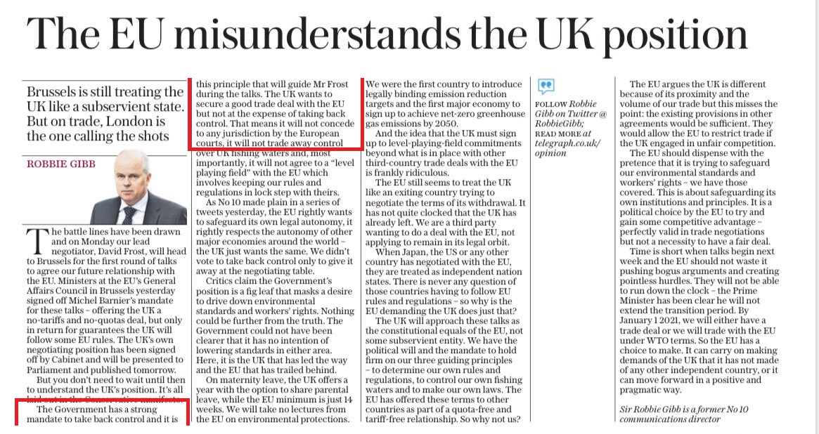 6. Robbie then writes that the government has a strong mandate (we assume from the manifesto) and that it will lead to the government not conceding any jurisdiction to the European Courts.