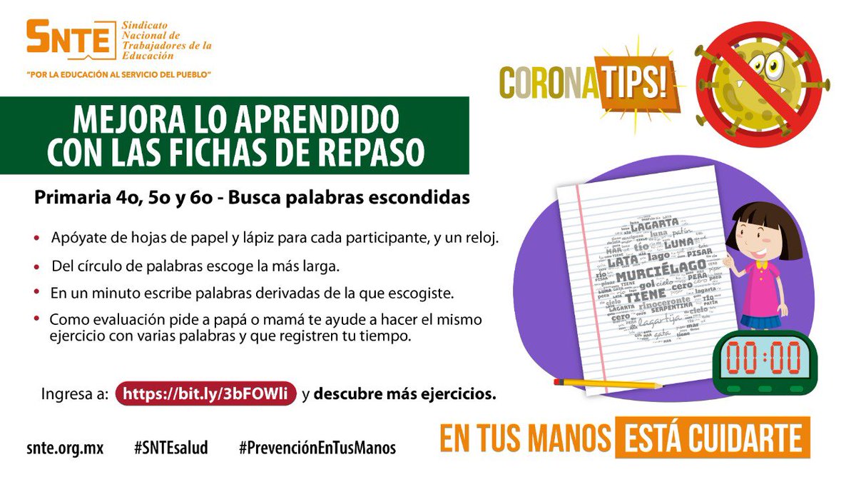SNTE21's tweet photo. #SNTEsalud ⚕ 

👉Toma Nota 📝
🔍 Investiga investigador 🔎 Encontrar todas las palabras ocultas 🔎🔠 es un misterio que debes resolver, para que un 💯 en las escuela puedas obtener ✅ en #cuarentena #COVID19 🦠

Fichas Escolares de Repaso
👉 https://t.co/9boOFQ1wrq 👈 https://t.co/wDQdWKTI6m