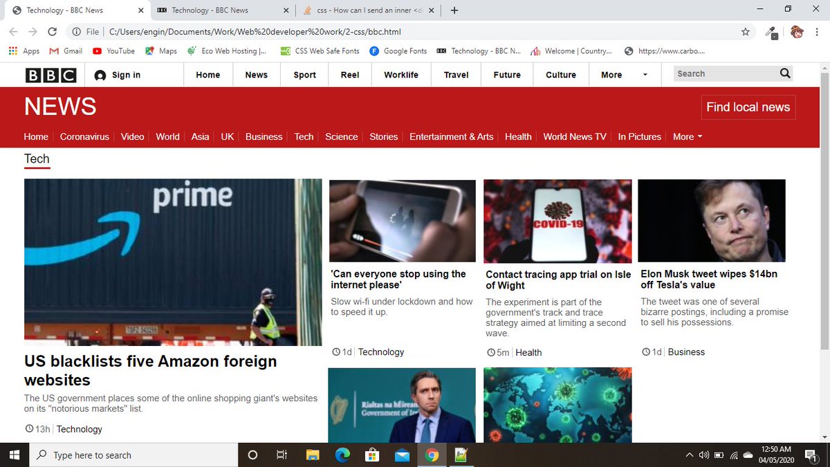 DrKiller97's tweet photo. BBC clone practice done✅:D
Can you guess which is which?
It was great practice and I learnt a huge amount working on it.
The one with the Amazon related article is my clone and the other one is the original.

#BBC #PracticeProject #HTML #CSS #Webdevelopment #Coding #Newbie https://t.co/vLhRPH7pn3