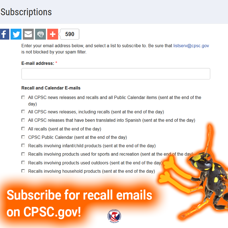 A hornet in front of the webpage where you can subscribe for recall emails. The text reads: Subscribe for recall emails on CPSC.gov