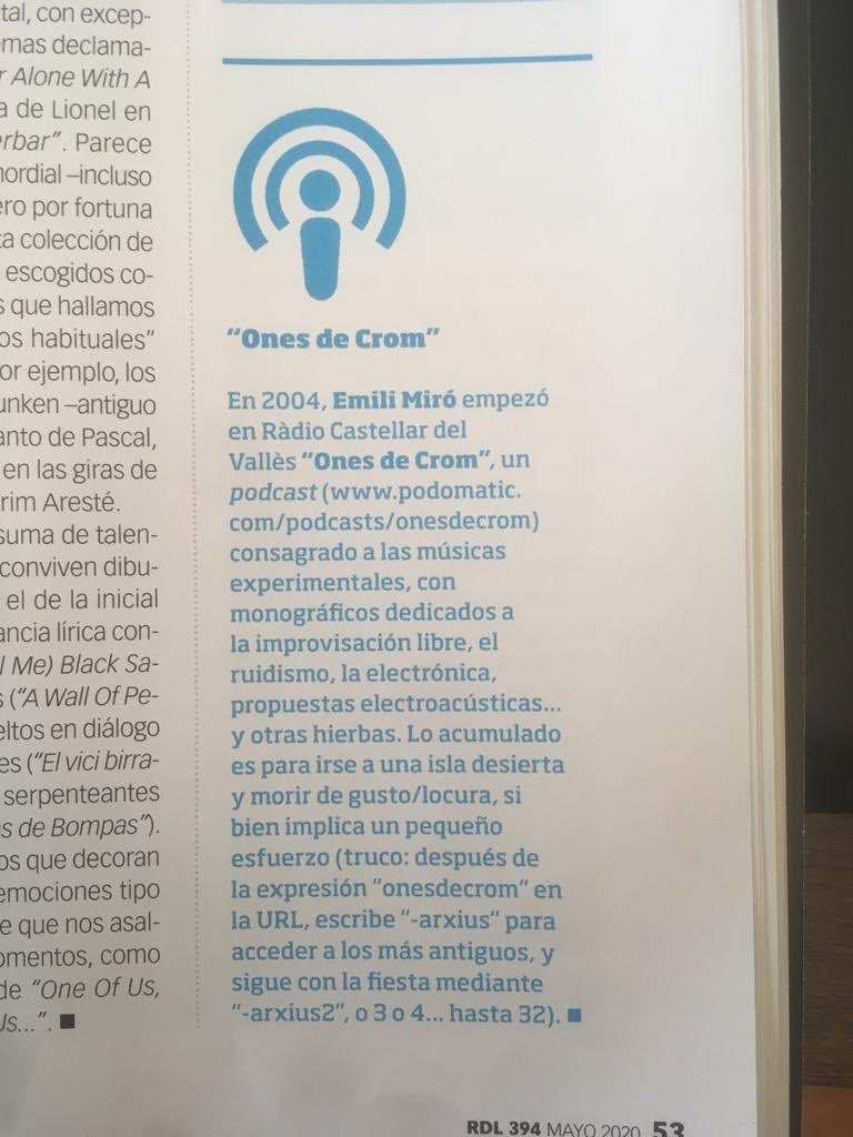 emilimiro's tweet photo. Adéu a @rockdelux, revista que em va fer crèixer en descobriments i gaudiment de la música des d'anys joves. I gràcies enormes per aparèixer ressenya del meu programa #onesdecrom al seu darrer número. S'anyorarà revista. @lactual https://t.co/GodHjaUiym