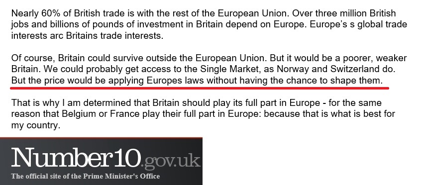 15. While linking to the whole quote which, in context, very clearly suggests we could end up applying the laws of the EU. It must, therefore, be consistent with their “take back control” campaign.