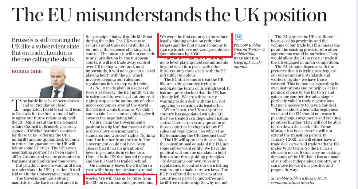 19. Robbie is then keen to push the UK’s great green credentials, and again this ends up on the fridge next to the fish sentence. The UK has been very quick to write the green legislation…he is correct when he writes this…in the Telegraph…of all places...