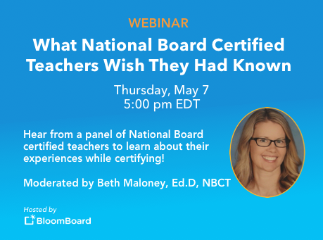 BloomBoard's tweet photo. Have you thought about becoming a National Board Certified teacher? Register for our free webinar to hear from a panel of NBCTs on why they chose to invest in their professional growth and what they learned along their journey. Moderated by 
@DaringToTeach https://t.co/V5bORmRFYE https://t.co/MWn9P7Y0mR