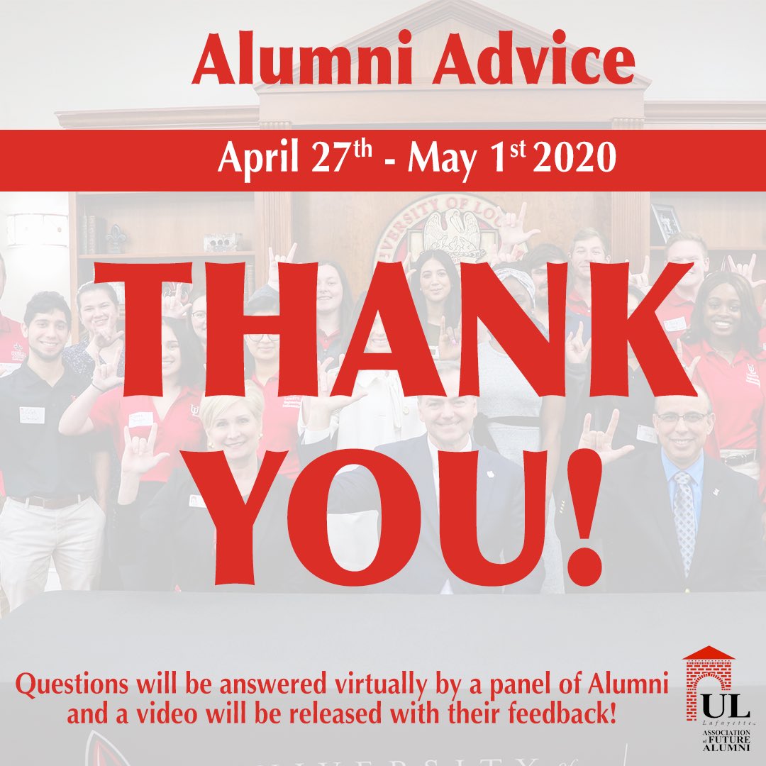 ullafayetteafa's tweet photo. A special thank you to everyone who submitted questions for Alumni Advice! Stay tuned for the video of answers from our panelists! #GeauxCajuns #AlumniAdvice https://t.co/nok5KUUEAY