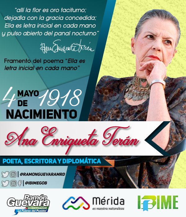 Hoy #04May se conmemora el natalicio de una excelsa poetisa, brillante escritora y diplomática venezolana, galardonada con el Premio Nacional de Literatura en el año 1989. 

'Escribir un poema a veces es un dolor, pero otras, es un placer' #AnaEnriquetaTerán.

#Poesía #Lectura