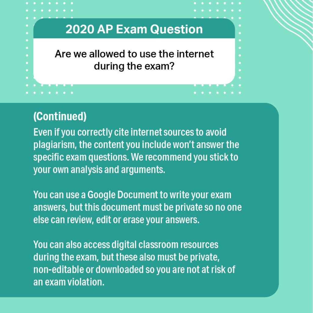CollegeBoard's tweet image. Q: Are we allowed to use the internet during this year's AP Exams?

A: 👇