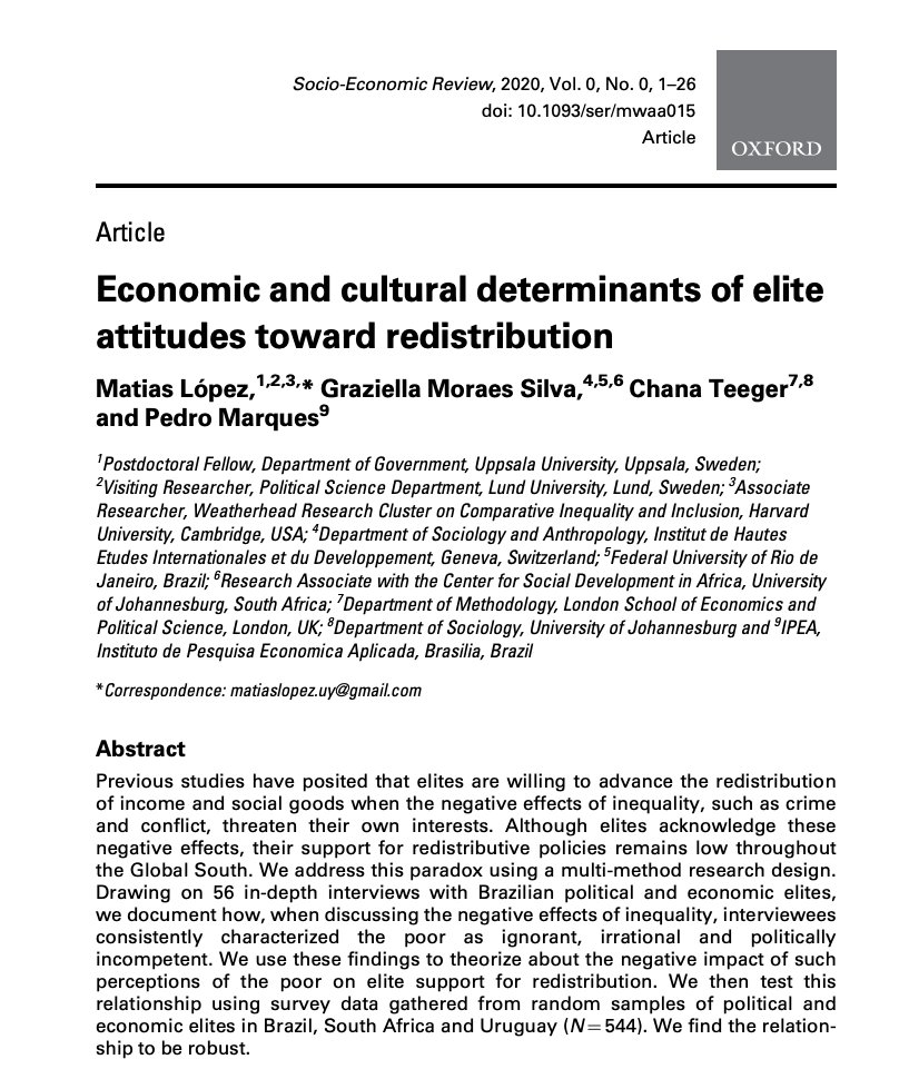 cteeger's tweet photo. New article with @MatiaslopezUy, Graziella Moraes Silva, and Pedro Marques in Socio-Economic Review on "Economic and cultural determinants of elite attitudes toward redistribution" 1/3 https://t.co/vmFHw1cg1v https://t.co/jrbEXeK7RF
