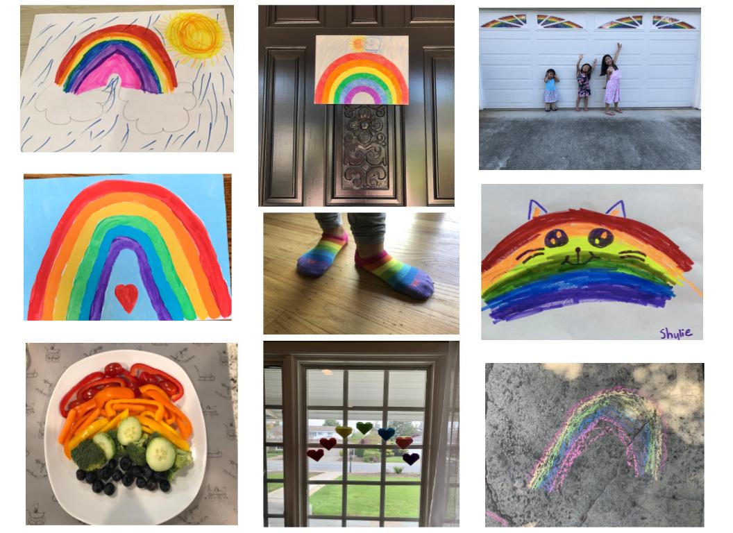 OakCougarsPE's tweet photo. These are the rainbows I collected from my 1st through 3rd graders over the last week.  I call this masterpiece "Brightening Mrs. Welch's Life-Rainbows Week 1." https://t.co/NCc4HDKReo
