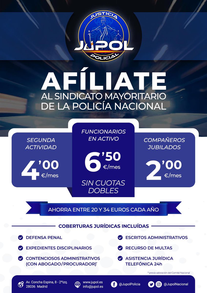 Jupol_Sevilla's tweet photo. 🚔Afíliate al sindicato líder de la @policia antes del 15 de mayo y AHORRA mínimo 20€/AÑO🔊

‼️SIN CUOTAS DOBLES‼️

🧾Cumplimenta el formulario: https://t.co/y5JhBc5uSt imprime y presenta en Habilitación o Secretaría.✍️

📥Entrega copia sellada a tú delegado de #JUPOL.😉 https://t.co/Gw3kjNU5DY