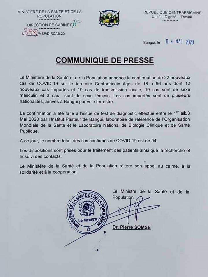 fridolinngoulou's tweet photo. #Centrafrique: 22 nouveaux cas dont 12 importés, nous sommes au 94e cas confirmés de #covid19, 10 guéris et zéros décès. Les défis restent énormes pour arrêter la propagation de #coronavirus #RCA236🇨🇫 @NCoVAfrica @OMSCentrafrique @OCHA_CAR @RFIAfrique @odilon236 @RJDH_RCA https://t.co/DIQFiMfBrS