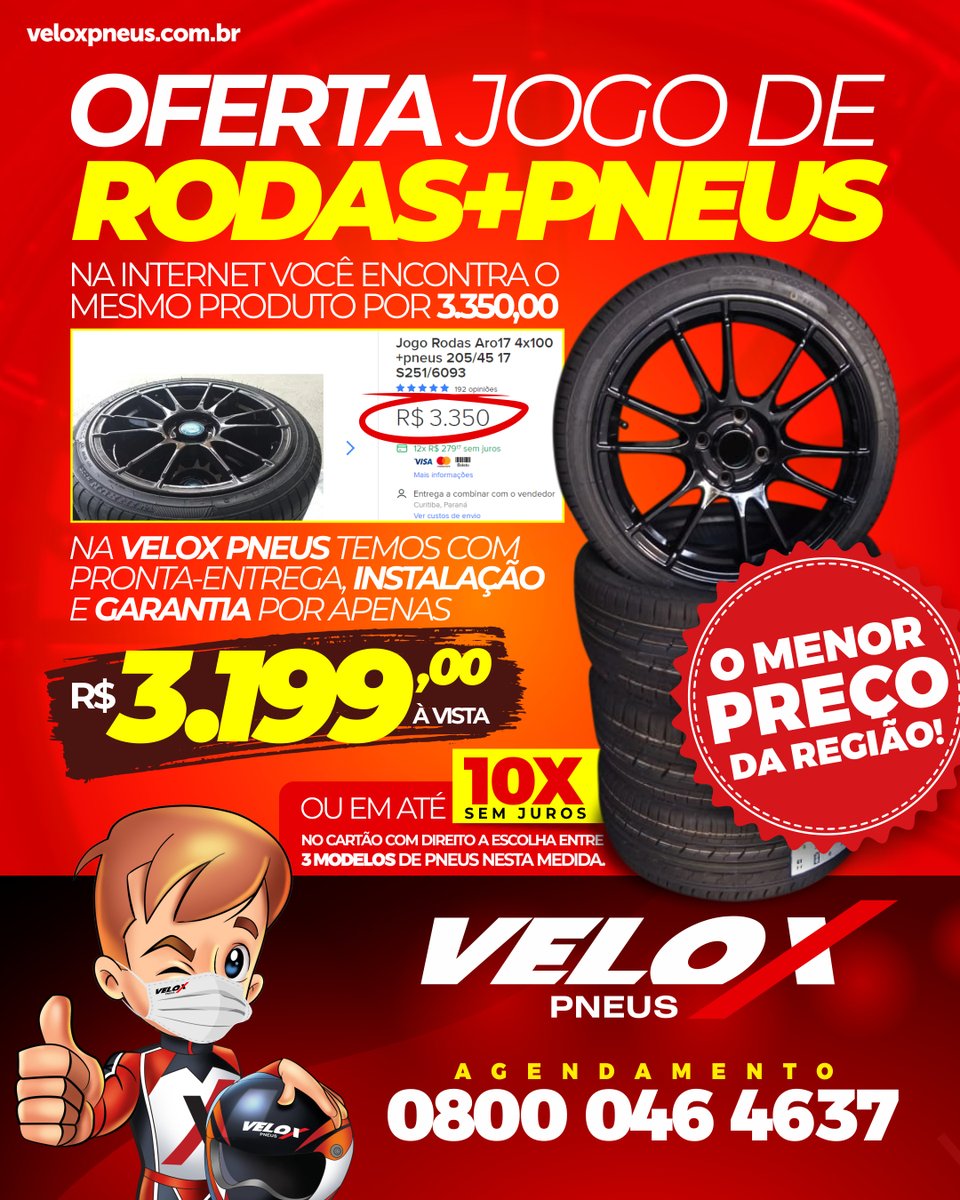 VeloxCustoms's tweet photo. Oferta! Jogo de Rodas + Pneus PRONTA ENTREGA + INSTALAÇÃO + GARANTIA com preço menor que internet!
Agende o seu serviço pelo 0800 046 4637.
#veloxpneus #pneus #rodas #oficina
Imagens meramente ilustrativas. Promoção válida enquanto durar o estoque. https://t.co/hydjph0iCY