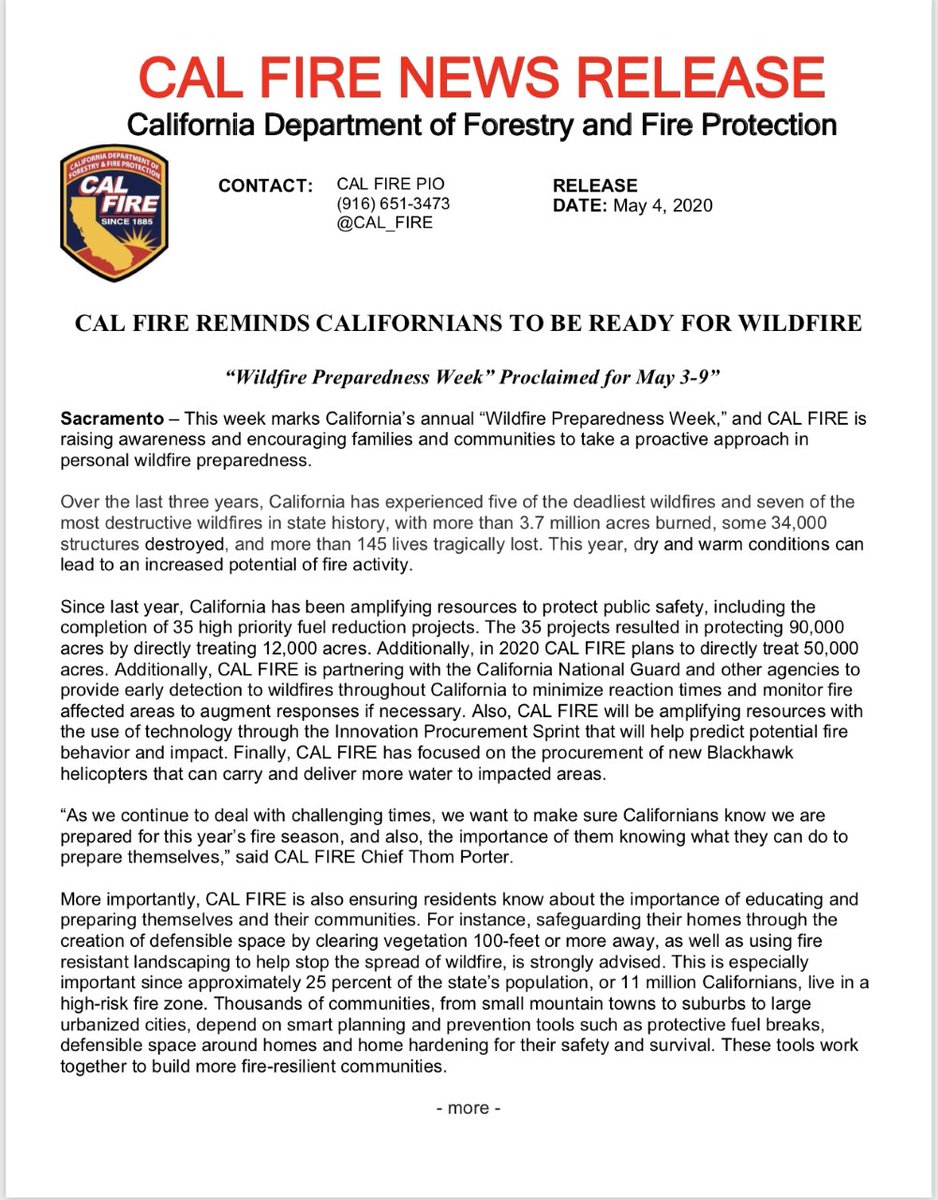 CALFIRELNU's tweet photo. CAL FIRE REMINDS CALIFORNIANS TO BE READY FOR WILDFIRE.
“Wildfire Preparedness Week” Proclaimed for May 3-9”
#CALFIRELNU #CALFIRE https://t.co/bejmEJbae6