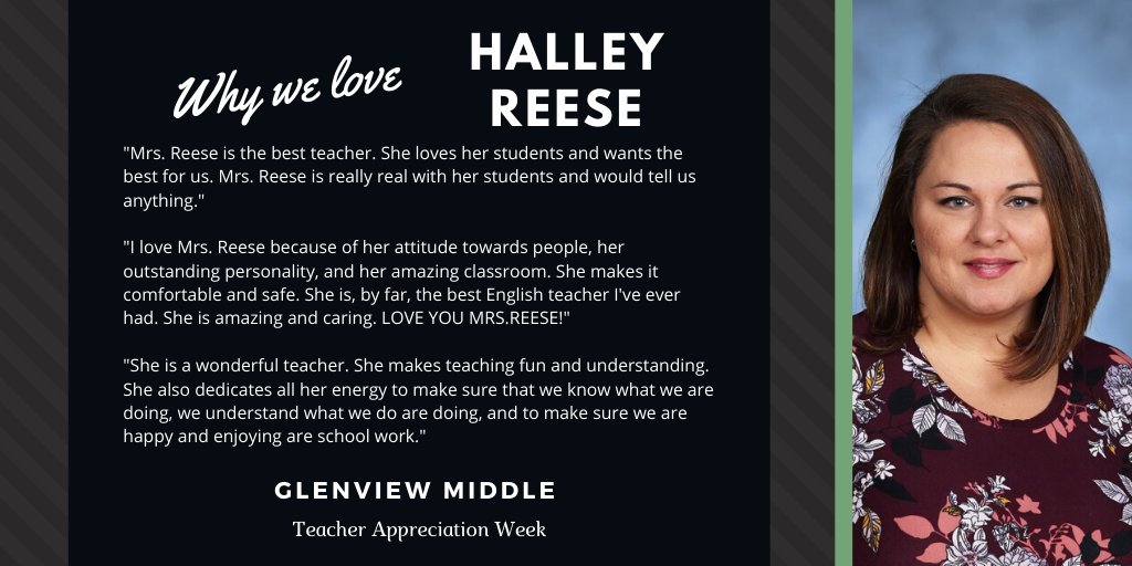glenview_middle's tweet photo. Here's WHY WE LOVE our 8th Grade ELA Teachers, featuring real quotes from their own students! #TeacherAppreciation #ThankATeacher #GMSBuzz
@ElinorLister @halleymreese @EmilyMc615 https://t.co/fQ1TsBWqeT