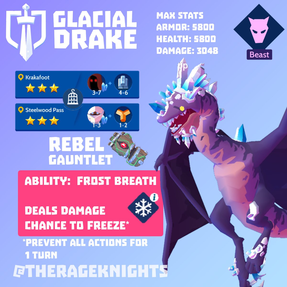 therageknights's tweet photo. MinionDex #6: Glacial Drake is vulnerable to Burn and Weaken, and resistant to Acid and Freeze. His freeze chance prevents an enemy minion action for 1 turn.
@KnighthoodGame @MidokiGames #miniondex #jointheknighthood https://t.co/U2kDBxPJWd