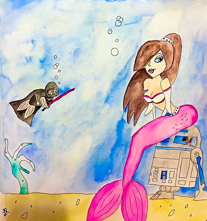 MermaidArtful's tweet photo. #Maythe4thBeWithYou 💙💚🖤❤️#mermay #mermaids #art #starwars #r2d2 #darthvader #drawing https://t.co/nVsCS21pR4