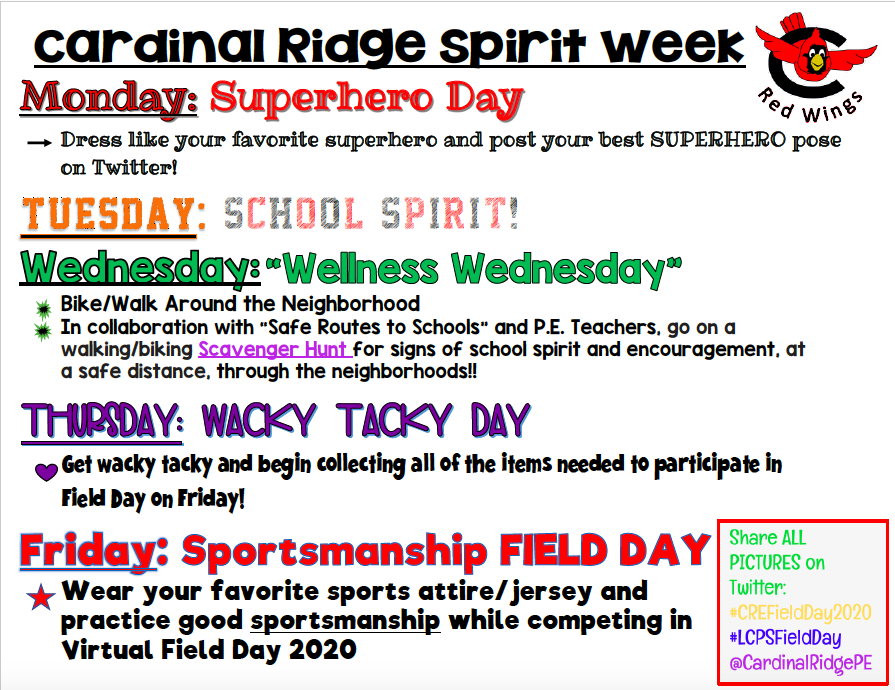 A_DabMorganPE's tweet photo. Cardinal Ridge SPIRIT WEEK for VIRTUAL FIELD DAY and Teacher Appreciation Week! 🏆💚😆 #CREFieldDay2020 https://t.co/F2xKQPywIo