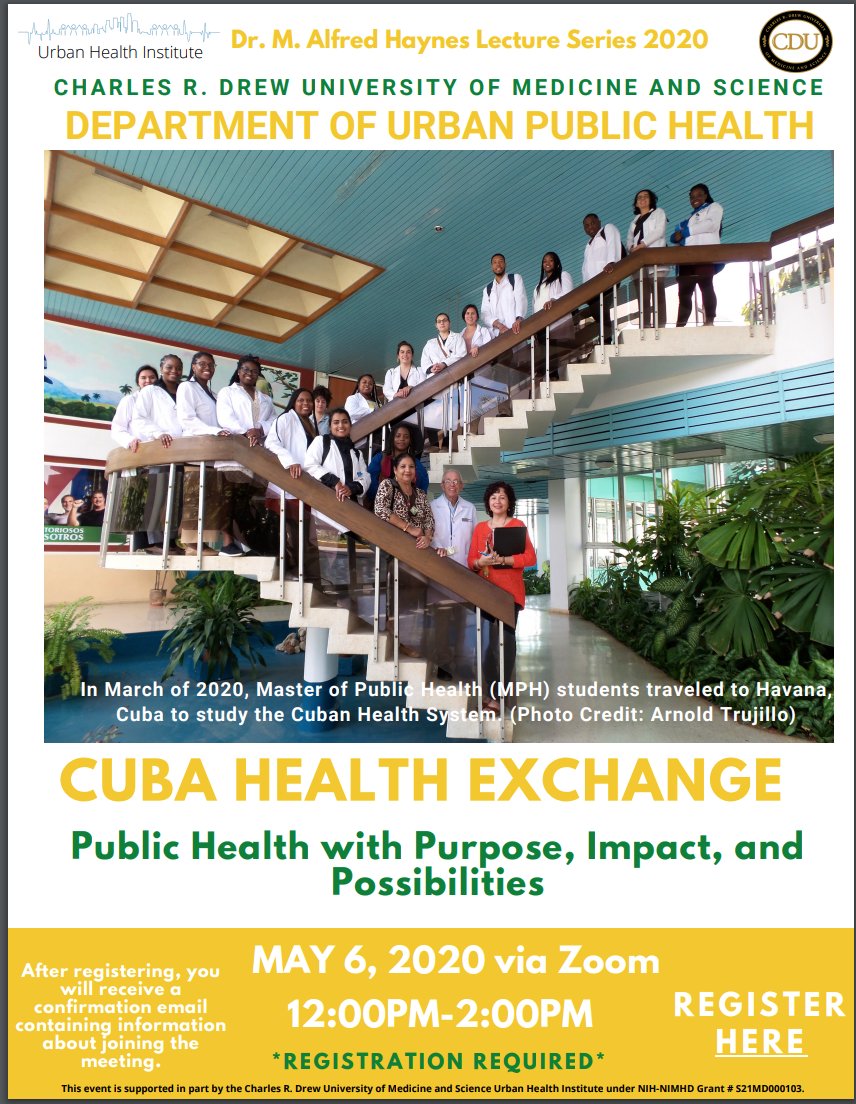 Join us for our Haynes Lecture Series this Wednesday, May 6 from 12pm-2pm! 

Cuba Health Exchange: Public Health with Purpose, Impact and Possibilities. 

Register here: us02web.zoom.us/meeting/regist…