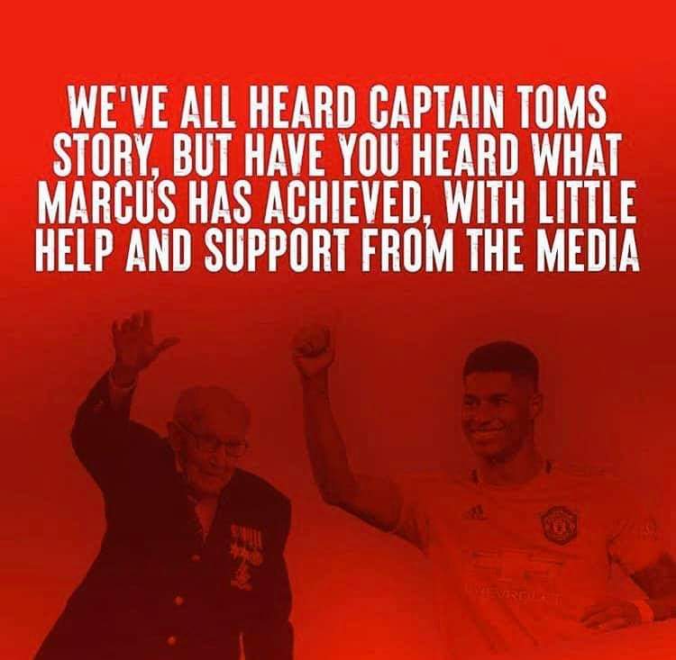 Why ain't <a href="/MarcusRashford/">MR14</a> had no media coverage about the good work he has done for vulnerable people, just know I recognise and respect the work you put in off the pitch #manutd4life

Keep doing your thing MR and salute to Captain Tom too #legends #covid19 #ManchesterUnited