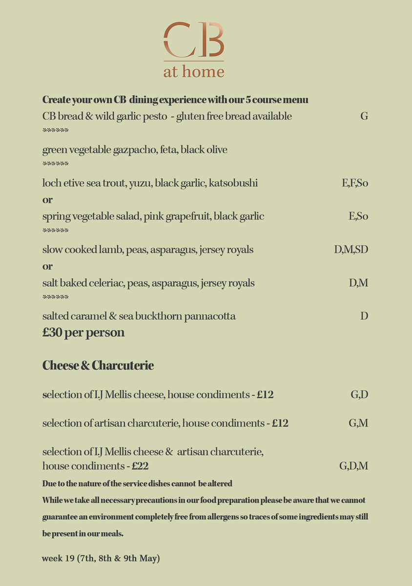 We can now introduce you to this weekend's menu; served from this Thursday (7th of May).

For this week's 𝗖𝗕 𝗮𝘁 𝗵𝗼𝗺𝗲 menu and to book your takeaway collection time or delivery slot, please visit: bit.ly/CBatHomeWk19