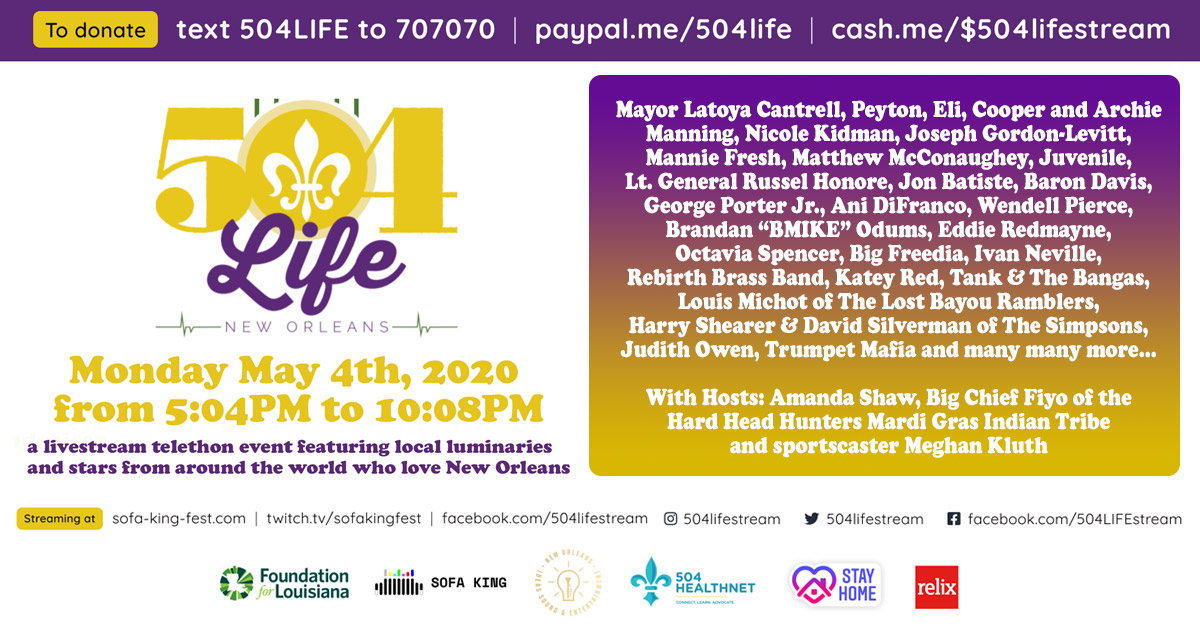 TONIGHT! The <a href="/504LIFEstream/">504LIFEstream</a> New Orleans Telethon goes LIVE at 5:04 p.m. CT (6:04 ET)! The event features appearances by George Porter Jr., Ivan Neville, <a href="/JonBatiste/">jon batiste</a> and many more.

Tune in on our Facebook page