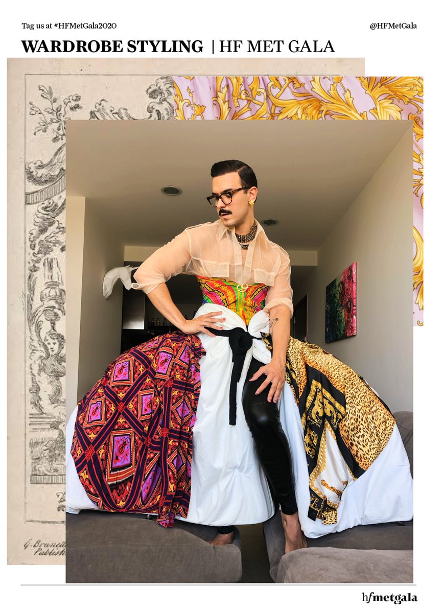 SoyGerardCortez's tweet photo. About Time: Fashion &amp; Duration.
Abran paso que llegué yo ✨ Fantaseo con que Donatella me permite jugar con camisas Versace de archivo para crear un upcycled dress que satisfaga mi fantasía rococó. La máscara, diseño mexicano de Roberto Leone ♥️ ¿yasss o NOT?
#HFMetGala2020 https://t.co/2AzR0iRCxu