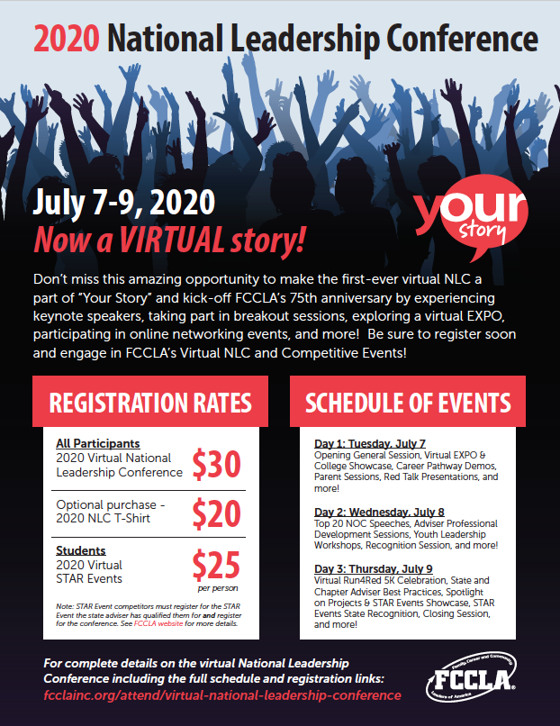 NationalFCCLA's tweet photo. You’re invited to join the FCCLA family at the first-ever Virtual National Leadership Conference! Help write OUR story by sharing “Your Story!��� #2020NLC https://t.co/f8ffZHNWvi