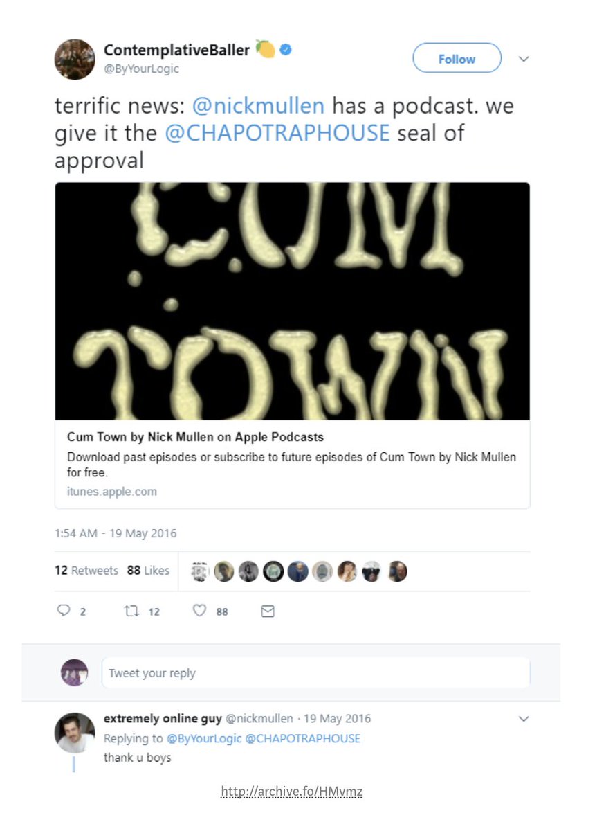 Meanwhile, the Chapo Trap House hosts openly embrace Mullen.He's close friends with two of the hosts.He's appeared on the show three times.They've retweeted his rape jokes.They've promoted his podcast, literally saying it had their "seal of approval."