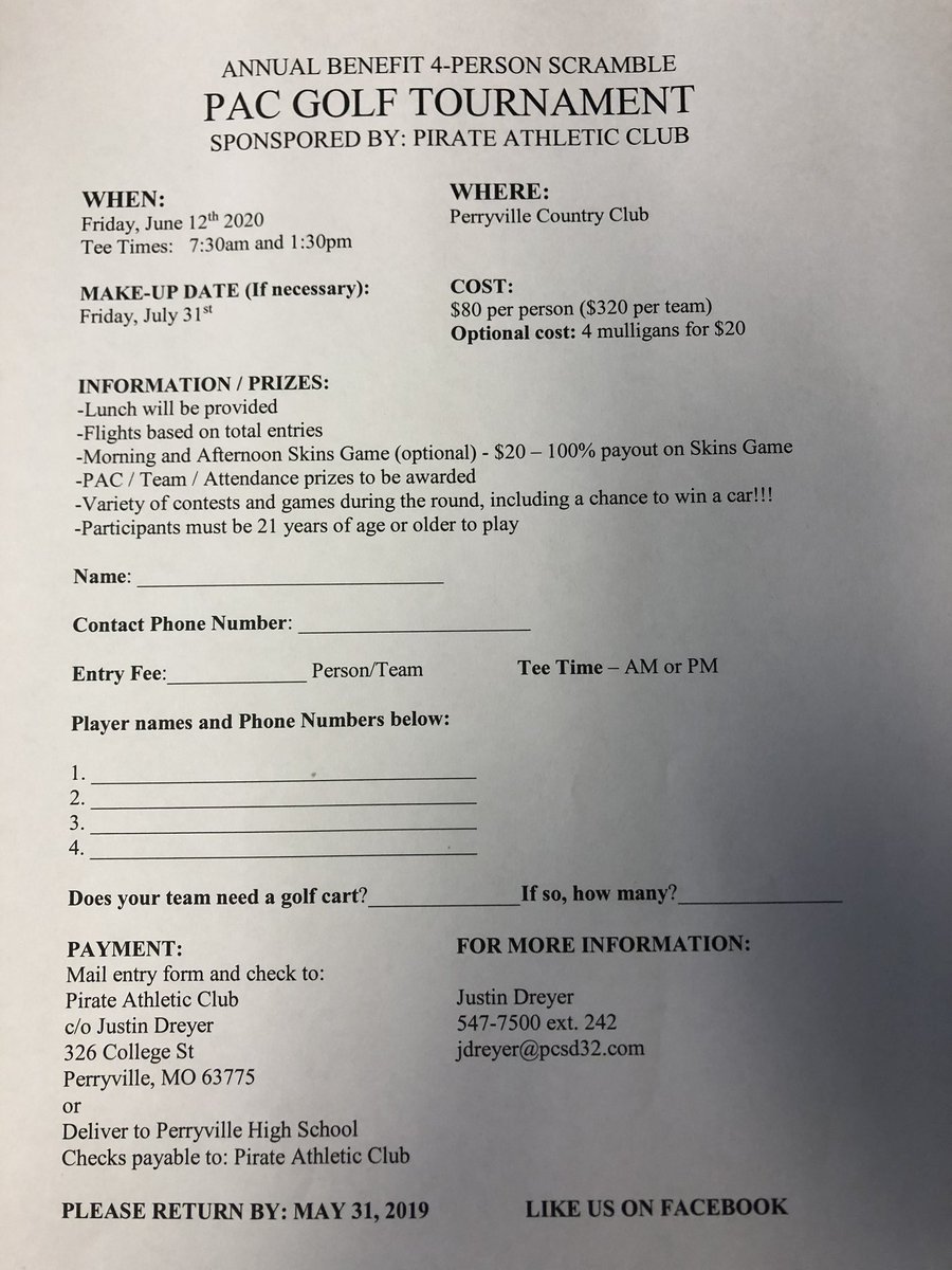 Come and and support Perryville Pirate Athletics as we are hosting our annual Golf Tournament on Friday, June 12th!!!