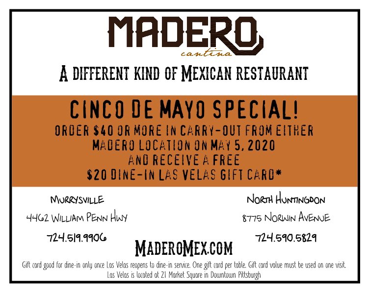 MaderoMex's tweet photo. A pandemic won’t stop Cinco de Mayo, or us. Tomorrow only, get a @lasvelas dine-in gift card (for use when we can finally all be together again) when you order $40 or more from either of our locations! https://t.co/2S3hqsGe8T