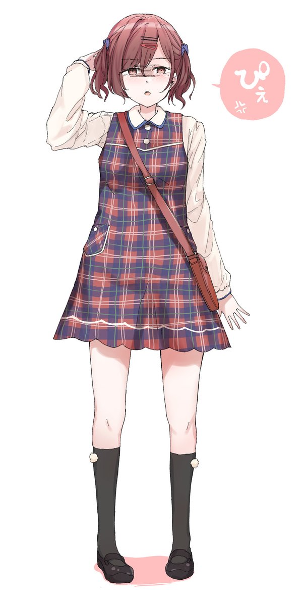 higuchi madoka 1girl solo dress socks plaid dress hair ornament brown hair  illustration images