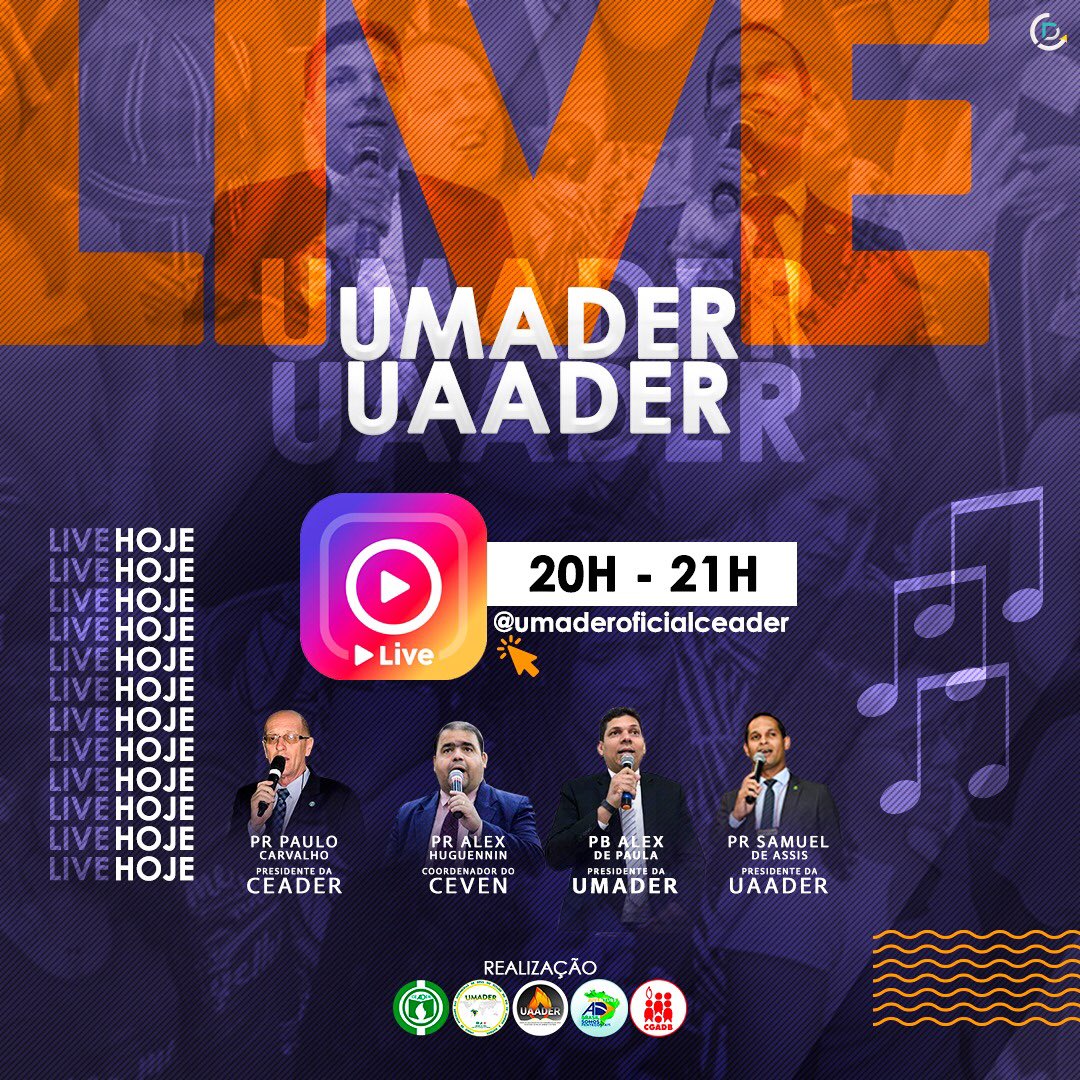 UmaderOficial's tweet photo. 🔴 LIVE | UMADER &amp; UAADER | INSTAGRAM.
https://t.co/moeAyXk2ta
Hoje (04/05), das 20h às 21h, com os Presidentes da UMADER &amp; UAADER - Pb. Alex de Paula e Pr. Samuel de Assis. NÃO PERCA!

#UMADER
#UAADER
#CEADER

📰 Rel. Públicas &amp; Mídias Sociais:
Pr. Wellington Oliveira @wolocutor https://t.co/ugmkUEDwva