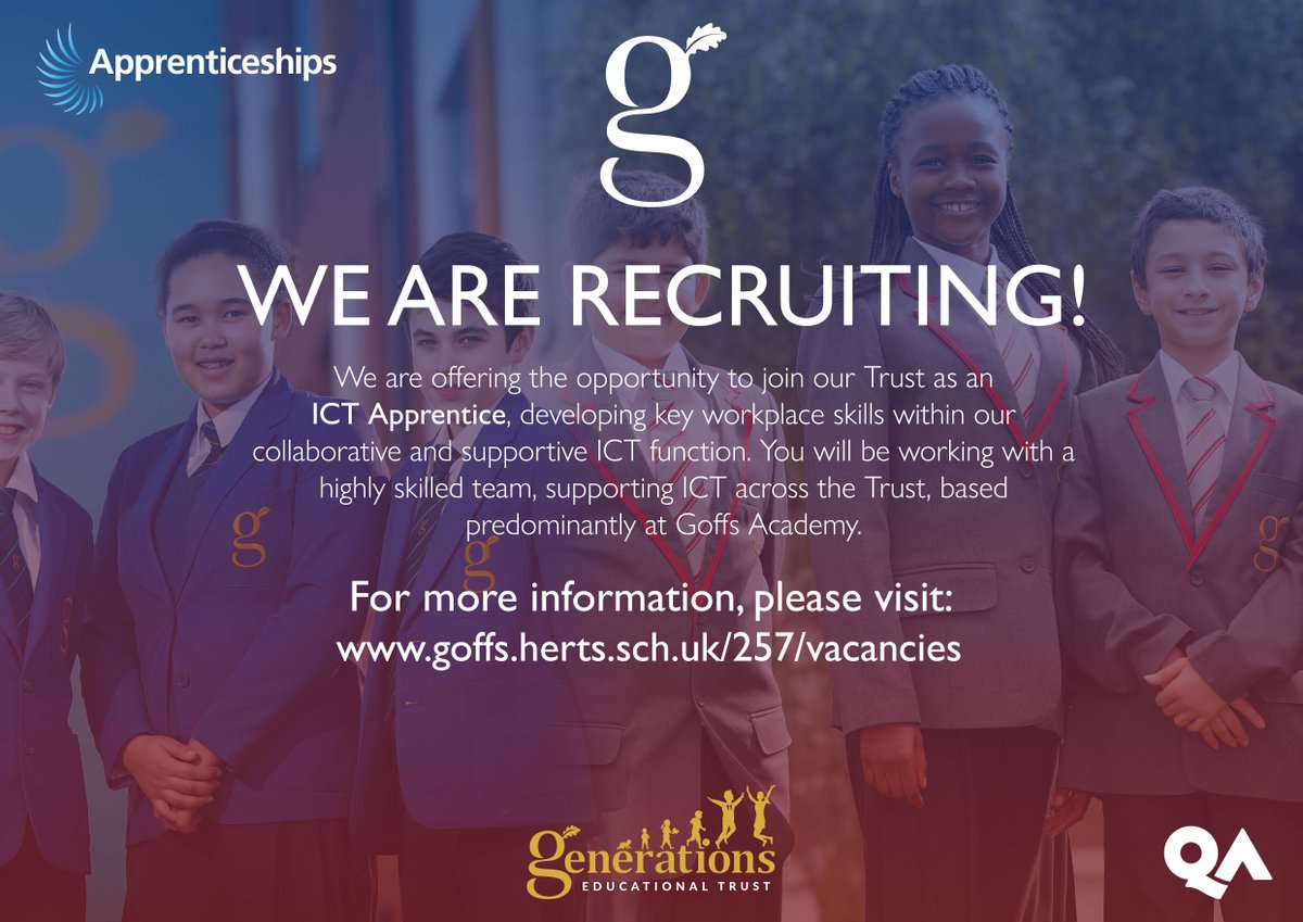 We are offering the opportunity to join our Trust as an ICT Apprentice, based predominantly at <a href="/GoffsAcademy/">Goffs Academy</a>

goffs.herts.sch.uk/257/vacancies

#IT #itsupport #Hertfordshire #vacancy #vacancies #Job #fulltime #ITjobs #nowhiring #education #EducationJobs #apprenticeships #Apprentice