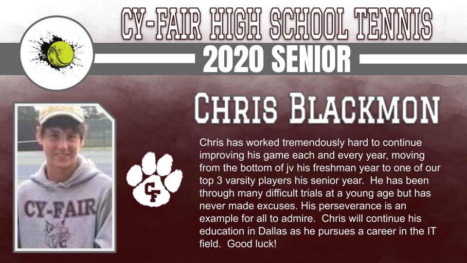 BFNDAthletics's tweet photo. As we continue to recognize our senior athletes, today we introduce our Class of 2020 Cy-Fair Bobcat Tennis players.
Team members include Chris Blackmon, Paetyn Kemp and Sam Scharck! #BFND #CFHS2020 https://t.co/k9mu55BrGD