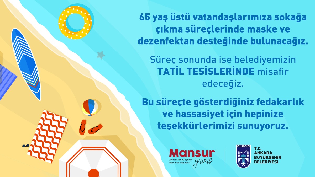 Salgında örnek bir sorumlulukla evde kalan 65 yaş üstü hemşehrilerim;

Sokağa çıkma sürecinizde maske ve dezenfektan ihtiyacınızı karşılayacağız.

Bugünler geride kalınca, talep ve başvuru sırasına göre belediyemizin Tatil Tesisleri'nde siz büyüklerimizi misafir etmek isteriz