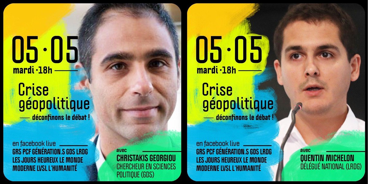 Gauche_RS's tweet photo. #DéconfinonsLeDébat 2e table ronde animée par Cathy Dos Santos de l'@humanite_fr sur la crise géopolitique mardi 5 mai 18h avec @JLMelenchon @GGorce @robertoadrian @plaurent_pcf Christakis Georgiou & @QMichelon RDV même endroit
https://t.co/5niuq23vOA
#COVID19France #Covid19 https://t.co/Fy86G5eAY0