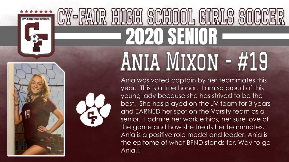 BFNDAthletics's tweet photo. Continuing our recognition of senior athletes, we now introduce our Class of 2020 Cy-Fair Bobcat Girls Soccer players. These senior include Elisa Siviero, Brianna Rodriguez, Ania Mixon and Leslie Amador! #BFND #CFHS2020 https://t.co/Eh3RtQSjWw